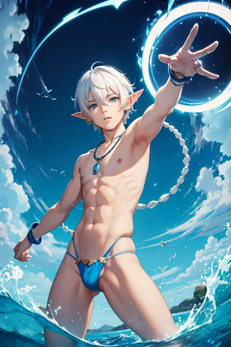 anime character, 15 year old twink elf boy, he has white hair, the bowl cut, the color of his skin is light blue, he is from an aquatic kingdom, his thong is the same as Tarzan's, but it is made of al, he wears necklaces and earrings made from shells, he i...