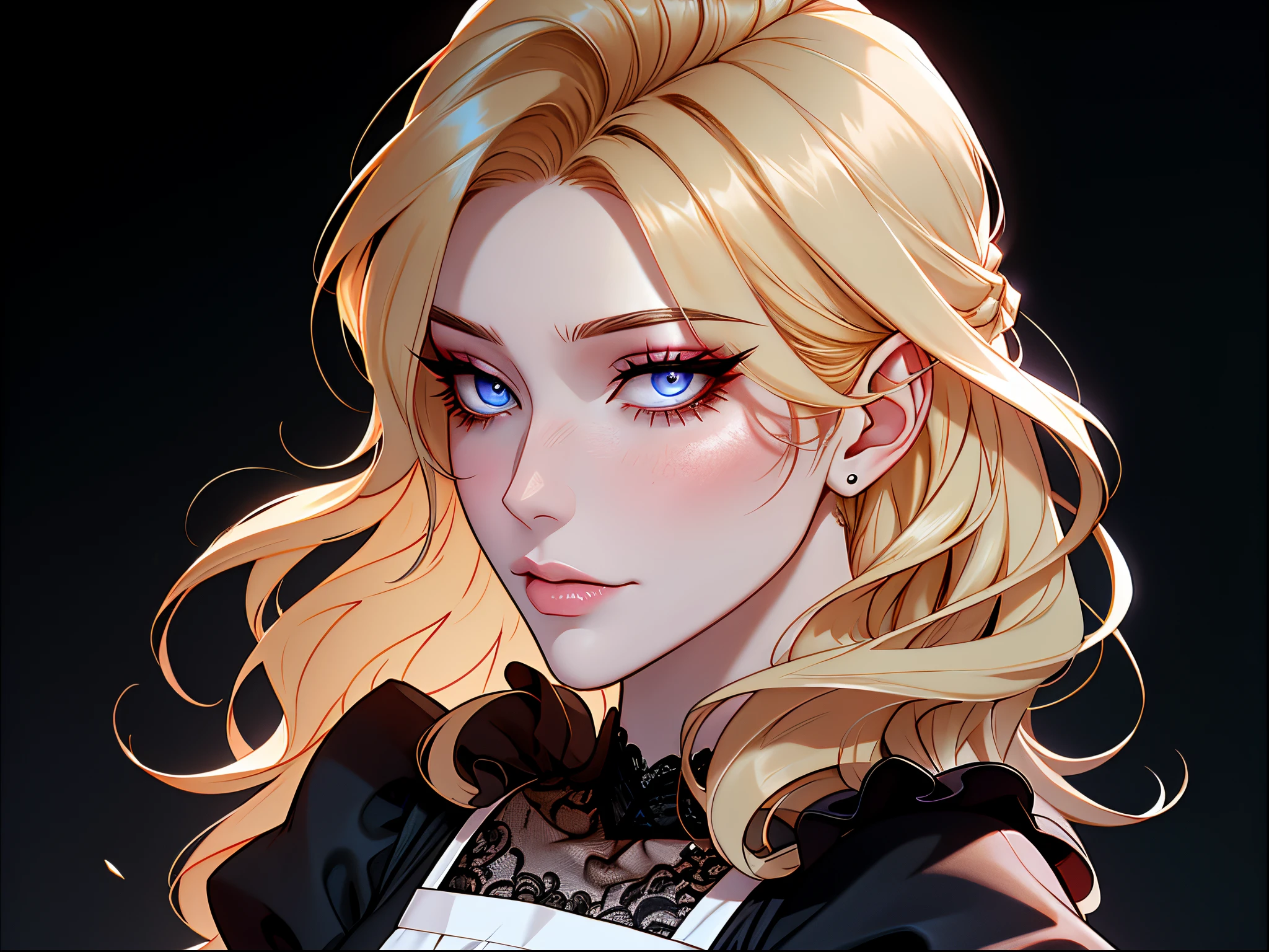 Shoujo style, Aesthetic background, Romance Manhwa, 1girl, blonde woman, hairlong, Bangans close one eye)), eyes with blue color, irritable, grimalkin, bags under eyes, Russian, grimalkin, housemaid, Black dress with white trim, with a full skirt knee-length or higher, White half apron, usually with ruffles or lace, head slightly turned to the side, inform, mascara, makeup, Dark background, clavicle, puffy sleeves, portraite of a, upper-body, frills, closed mouth, Detailed eyes, (close up), (((Image Macro Details))), pale skin