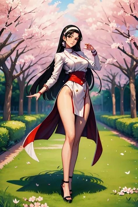 a painting of 30 years old woman, (chizurums) on a sakura garden background, 1girl, straight hair, large breasts, looking at vie...