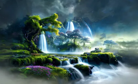 waterfall in the middle of a lush green forest with a waterfall, impressive fantasy landscape, mystical fantasy landscape, epic ...