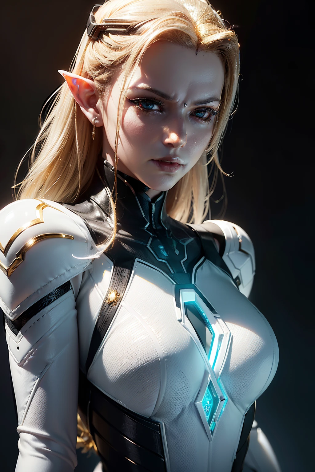 Elf, intricate perfect beauty face, detailed sharp glowing eyes, detailed face, (((half body::1))), (((beauty shape))), ((in realistic white neon-lit sci-fi mech plugsuit costume)), masterpiece, 4k, UHD (((wearing golden gauntlet with hyper realistic and detailed black))) (((Metal Gear aesthetic)))