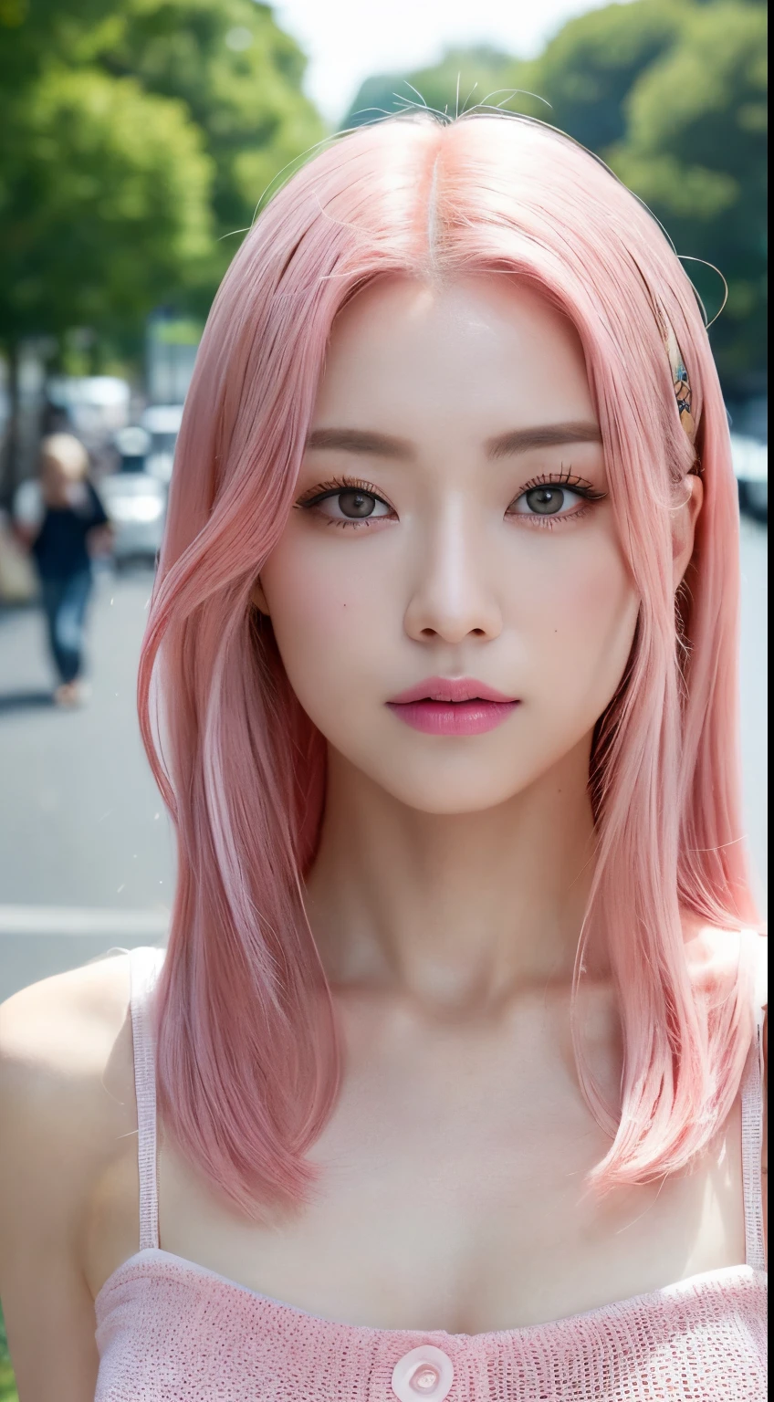 ((Top image quality、8k、​masterpiece：1.3))、full bodyesbian、Focus sharpness：1.2、Beauty with outstanding style：1.4、Slender abs：1.2、((A pink-haired、huge tit：1.2))、Knitted Dresses:1.1、(neons、street:1.1)、Highly detailed facial and skin texture、A detailed eye、二重まぶた