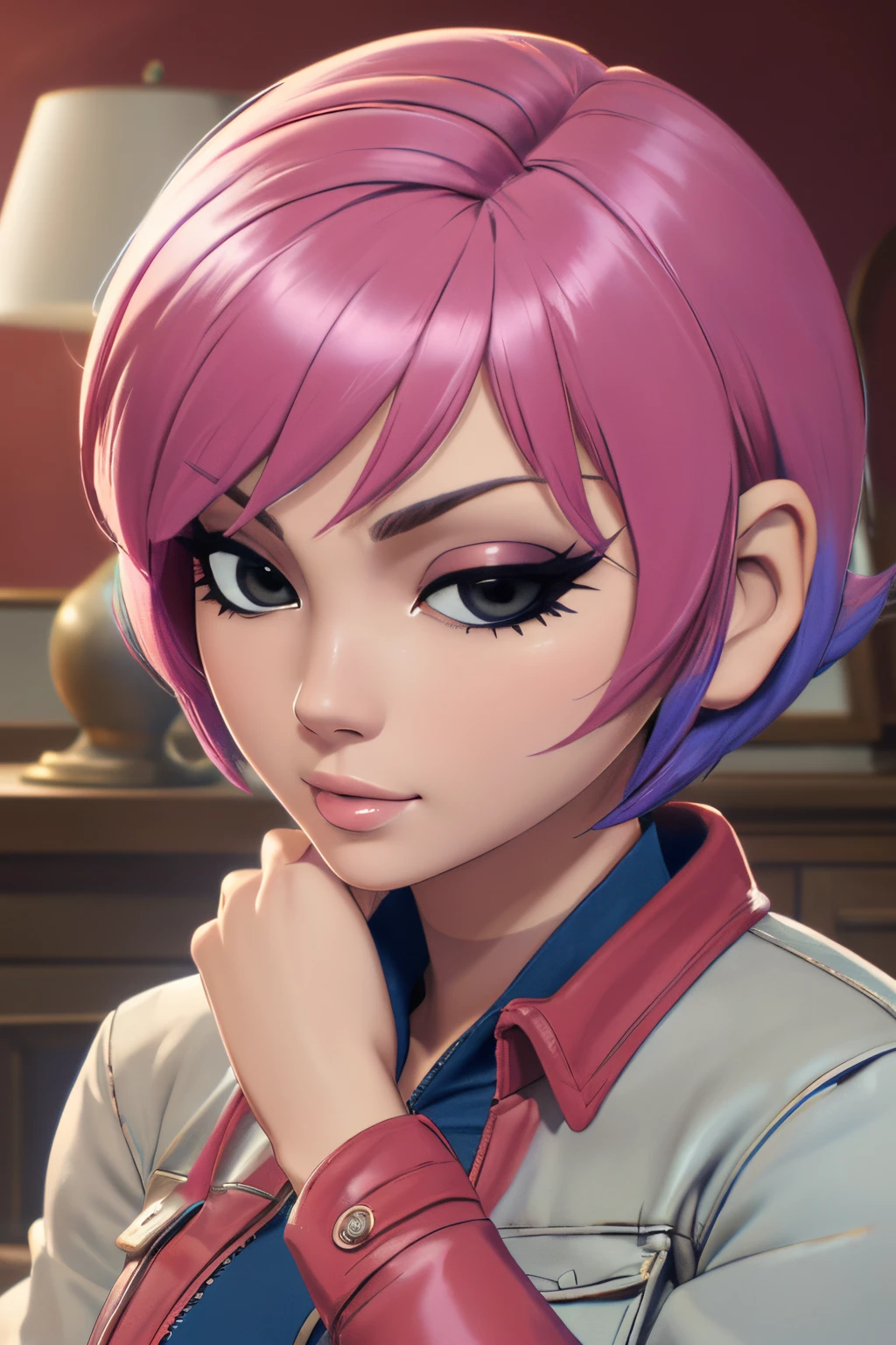 ((ultra quality)), ((tmasterpiece)), ramona flowers, ((pink blue, Short Hair Hair)), (Beautiful cute face), (dark eyeliner), (beautiful female lips), Charming, ((stern expression)), looks at the camera with a gentle smile, eyes are slightly closed, (Skin color: white), Body glare, ((detailed beautiful female eyes)), ((dark black eyes)), (juicy female lips), (beautiful female hands), ((perfect female figure)), perfect female body, Beautiful waist, nice feet, gorgeous big thighs, beautiful breasts, ((Subtle and beautiful)), seductively worth it (close-up of the face), (wearing blue jeans, Red Jacket) background: country house, living room, ((Depth of field)), ((high quality clear image)), (crisp details), ((higly detailed)), Realistic, Professional Photo Session, ((Clear Focus)), the anime