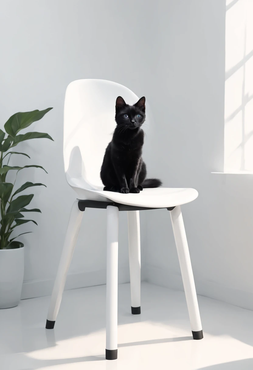 (realistic), minimalism white chair, cute little black cat sit on it, in minimalism room
