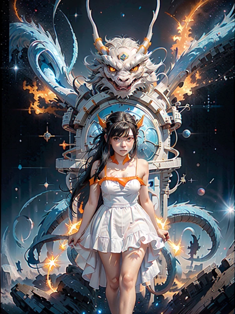 A girl age 18 with black hair, Blue eyes,white dress with black shoes,dragon with red eye orange yellow wish colour protection her in space at background