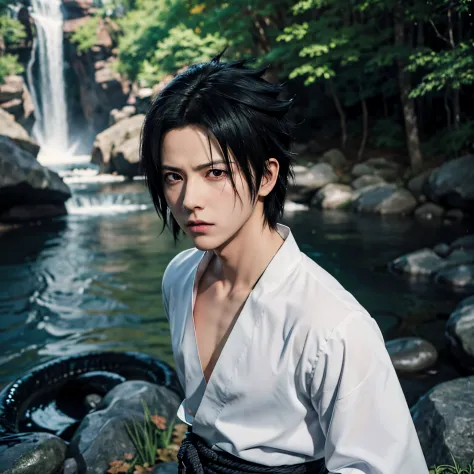 1boy, Sasuke, Sasuke Uchiha, spiked black hair, red sharingan eyes, wearing white shirt, big snake wrapped around sasuke, waterf...