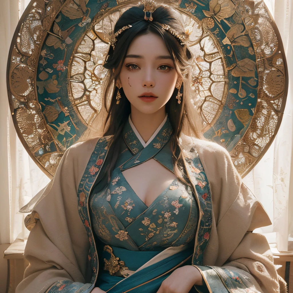 （mountain range in background， Rios， Auspicious clouds， kiosk， rays of sunshine， tmasterpiece， Epic work， hyper HD， high high quality， Very meticulous）Hanfu woman,Phoenix Crown Tiara、Meticulous embroidery、Wear Hanfu、Wearing sleeveless Hanfu、Transparency  clearly visible, size too big、raw,(8K、quality、tmasterpiece:1.8)、(intricately details:1.8)、(Real-sense:1.8)、octane renderings、Complex 3D rendering hyper-detail, gentlesoftlighting, Edge lights, vibrant detail, super detailing,  skin texture, Nice face, Beautiful facial features, Very detailed CG Unity 16k wallpaper, cosmetics, Skin glows、spread your legs，Camel toe showing thigh!!!、