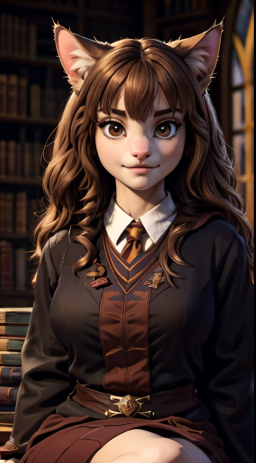 ((ultra quality)), ((tmasterpiece)), Hermione Granger cat, ((there are only cat ears)), ((there is a cat&#39;s tail in the back)) (brown-haired woman, hairlong), (Beautiful cute face), (beautiful female lips), Charming, (cat nose), ((seductive expression)), is looking at the camera, eyes are slightly closed, ((skin color brown)), Body glare, ((detailed beautiful female eyes)), ((dark brown eyes)), (juicy female lips), (beautiful female hands), ((perfect female figure)), perfect female body, Beautiful waist, black claws, gorgeous big thighs, beautiful breasts, ((Subtle and beautiful)), seductively sits (closeup face), (Hogwarts , Gryffindor robe), background: Hogwarts library, ((Depth of field)), ((high quality clear image)), (crisp details), ((higly detailed)), Realistic, Professional Photo Session, ((Clear Focus)), the anime