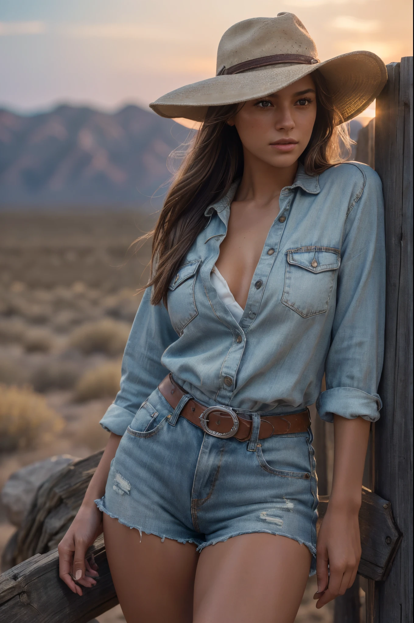 Full shot, full body portrait, beautiful woman, aged22, leaning against a split rail fence in a rocky, barren desert, wearing shorts and unbuttoned western shirt, no hat, long flowing hair, beautiful tanned legs, 8 k lighting, night sky, red sunset 4k extremely photorealistic, uhd 4k highly detailed, ((realistthereal lighting, ultra-high res.photorealistic:.1.4, (high detailed skin:1.2), 8k uhd, dslr, high quality, film grain, Fujifilm XT3,(masterpiece) (best quality) (detailed) (cinematic lighting) (sharp focus) (intricate)