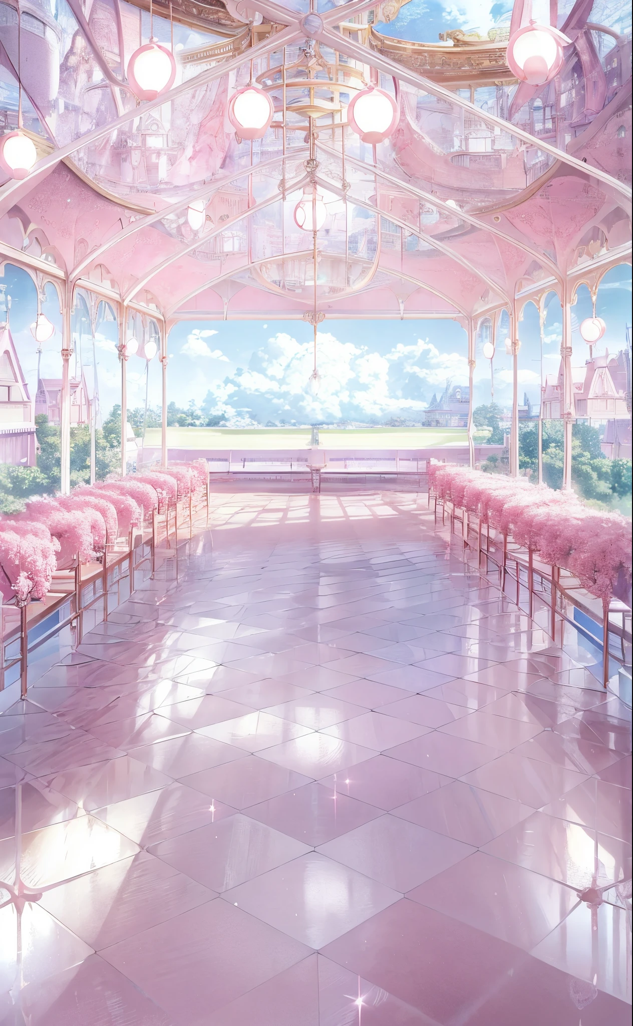 Anime style pink room image，Complete with benches and ceiling, Anime background art, Fantastical Atmosphere, Anime beautiful peaceful scene, Beautiful aesthetic design, dreamy aesthetic, dreamy and detailed, anime backgrounds, bubble landscape, animeaesthetic, very magical and dreamy, beautiful anime scenes, beautiful aesthetic art, kawaii aesthetic, Magical and dreamy atmosphere, Animation that won the Aesthetic Award