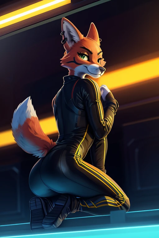 [Diane Foxington], [uploaded to e621.network; (foxovh), (Pixelsketcher), (V4G4)], [Uploaded to twitter...com; (@Senip)], ((Masterpiece)), ((HD)), ((hiquality)), ((solo portrait)) ((seen from behind)), ((Furry; Anthro Fox Girl)), ((Detailed fur)), ((detailed shading)), ((Beautiful rendering)), ((Reflective lighting)), {Anthropic fox; orange furr, pink nose, Foxtail, (beautiful green gradient half closed eyes), (gorgeous hipron), (angry)}, {(black bodysuit), (spandex skinny pants black yellow lines), (eye piercing; Left eye)}, {(Squatting), (Looking Back)}, [Background; (musume), (diffused lighting)]