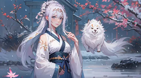 One of them  wearing purple clothes，long, Flowing white hair、Alpha image of a woman with beautiful hairstyle，palaces，A girl in H...