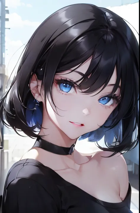 (masterpiece), best quality, perfect face, looking at viewer, (black hair, side bangs), expressive pale blue eyes:0.7, (depth perception:0.7), ((torso)), ((centered)), glowing eyes, ((seductive eyes)), feminine, smile, close-up