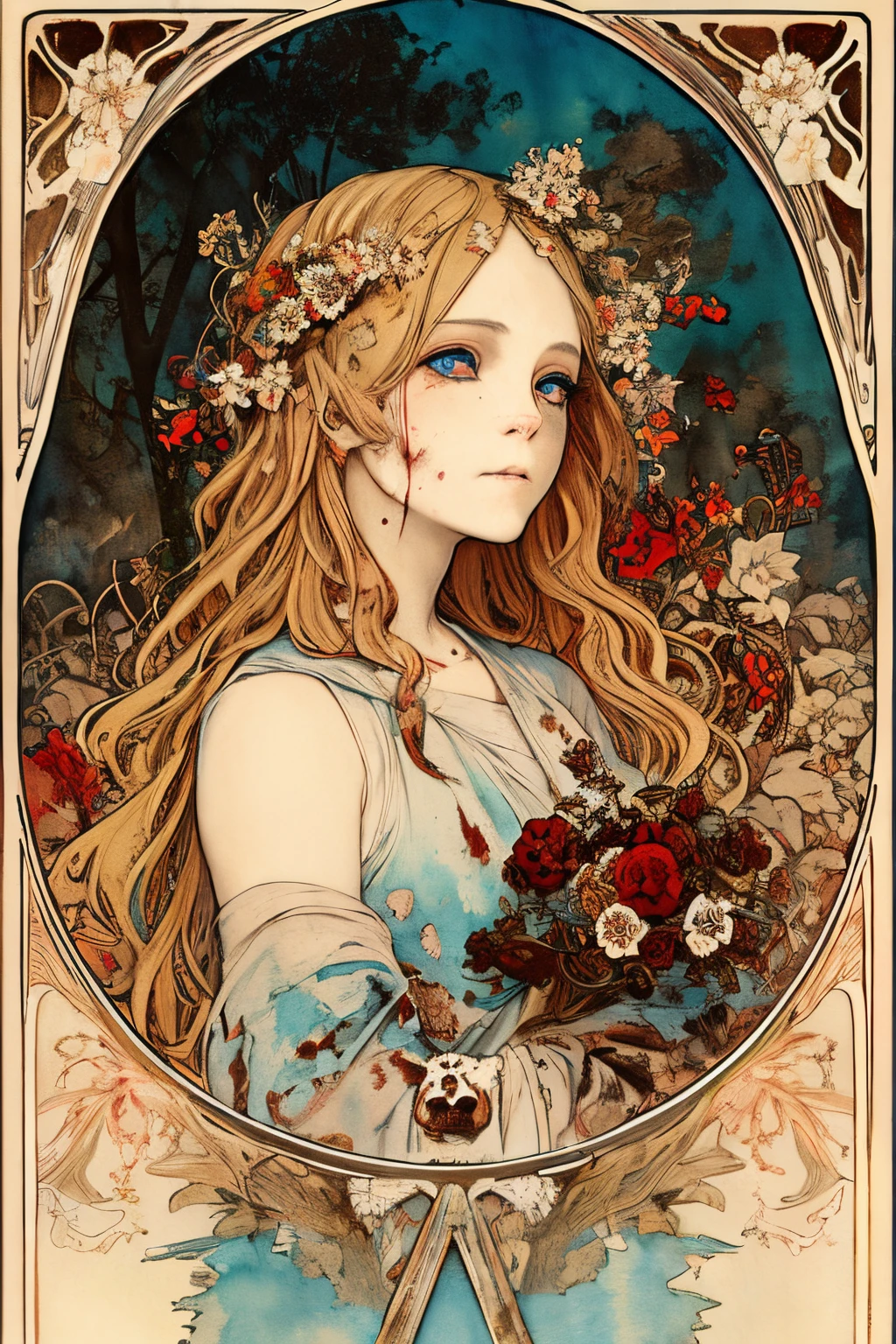 SFW,masutepiece, Best Quality, High resolution, 1girl, upper body, Details , detail hands, Detail fingers, Detail Face, detail legs, watercolor paiting, in graveyard, blonde hair, long hair, wavy hair, tattered clothes, blue eyes, zombie, skull, bone, (art nouveau:1.25), Maximalism artstyle, neon theme, suprematism, crying, beautiful detailed eyes,hyper detailed, beautifuly color, high details, high quality, back light, upper body , high quality, hair with body, cluster amaryllis, rotungwoka person, knife, in village, dead flower,　bloody