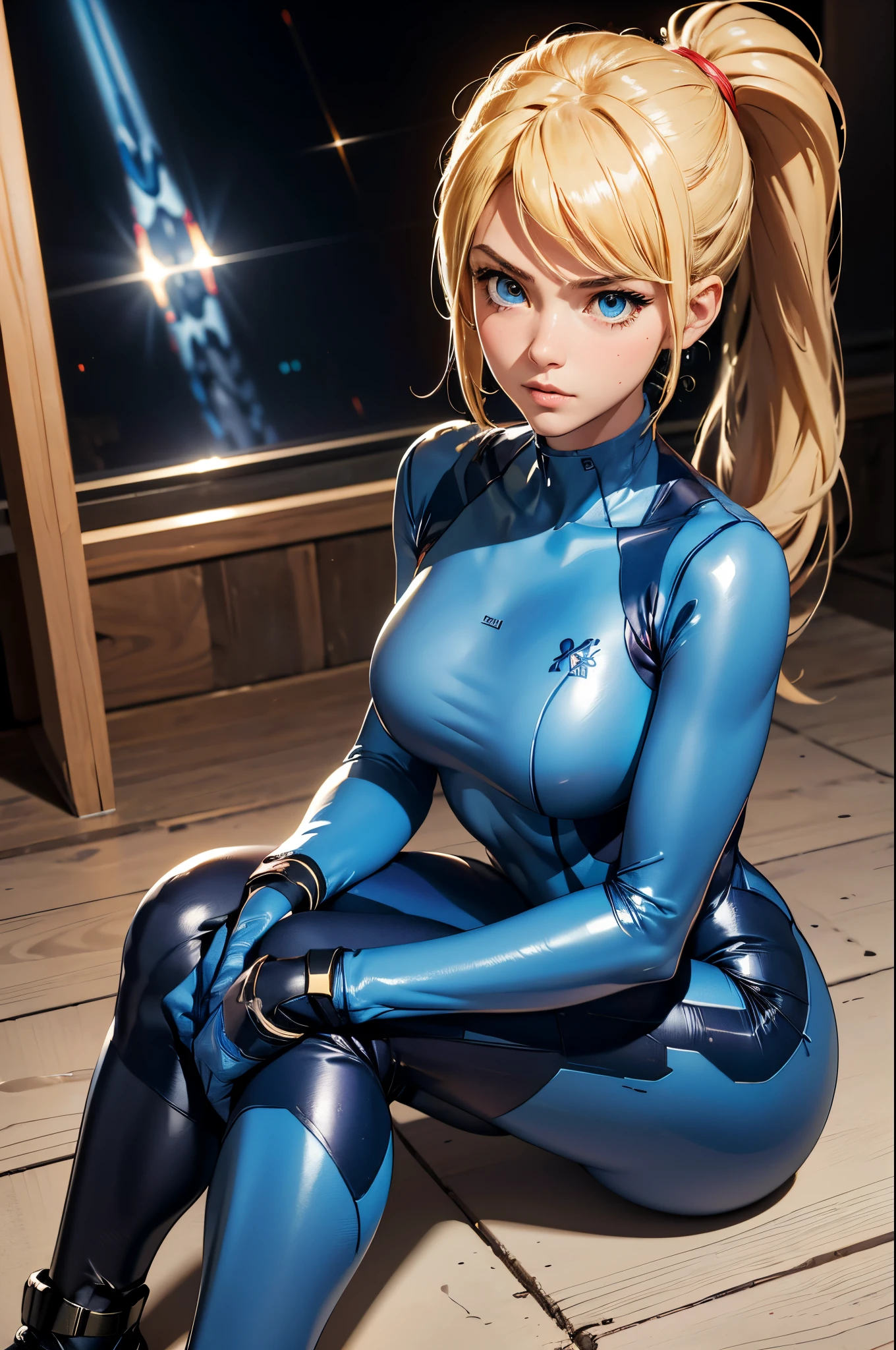 (Meisterwerk), beste Qualität, ausdrucksstarke Augen, perfektes Gesicht, highres, (8k), (perfektes Gesicht), (ultra details), 1 Mädchen, Allein, Samus Aran, Pferdeschwanz, Haargummi, blaue Handschuhe, blauer Body, körperenger Anzug, Raumschiff-Hintergrund, Sitzung, auf dem Boden, Knie hoch, Porträt, den Betrachter anschauen, von vorne