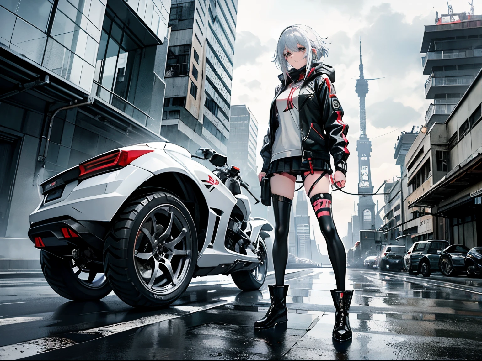 cyberpunked、girl with２a person、mechanic、comical、Anime style、white  hair、motor bikes、leather jackets、punk coloring、sity、nightcity、Street、doodle、parka、Mature、Tall Woman、Military、long boots、missiles
