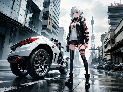 cyberpunked、girl with２a person、mechanic、comical、Anime style、white  hair、motor bikes、leather jackets、punk coloring、sity、nightcity...