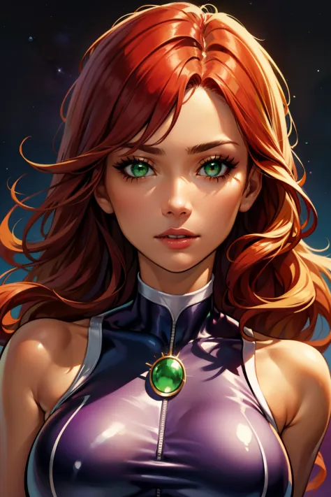 (masterpiece, best quality, ultra-detailed), StarfireDC, green eyes, red hair, glowing eyes tan skin, large breasts, (purple cro...