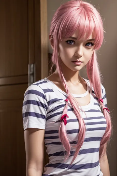anime girl with pink long hair and purple eyes, wearing striped light green , white t-shirt, Yuno Gasai as a real person, digita...
