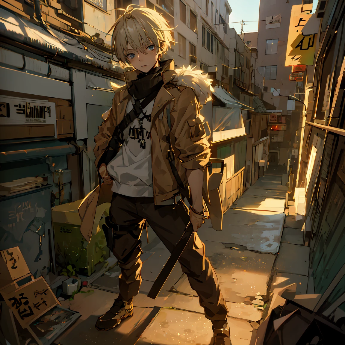 One personaje masculino, escenario post apocalíptico, aspecto suave, hombre joven, cabello corto, mochila, sobreviviente del apocalipsis, rasgos suaves, lindo aspecto, pelo despeinado, un solo personaje, personaje masculino, anime post apocalíptico, bishounen, elegante, Amable, un personaje solo