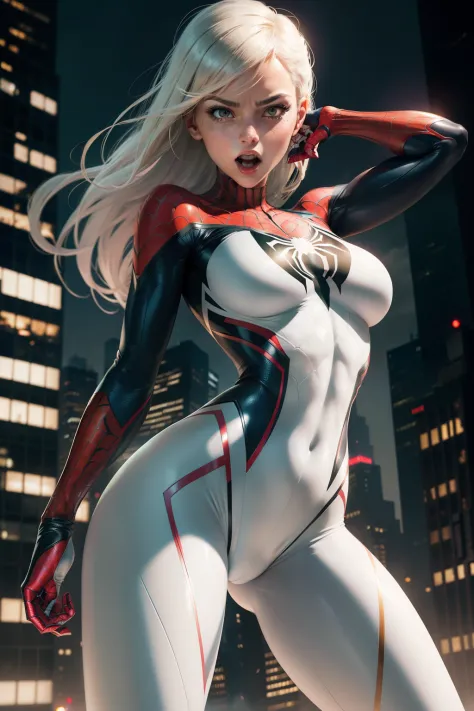 Female Spider-Man Gwen，White suit，Black spider symbol，golden ratio body, Flexible body，moaning expression，New York City at night，heroism，majestic-looking，Abs