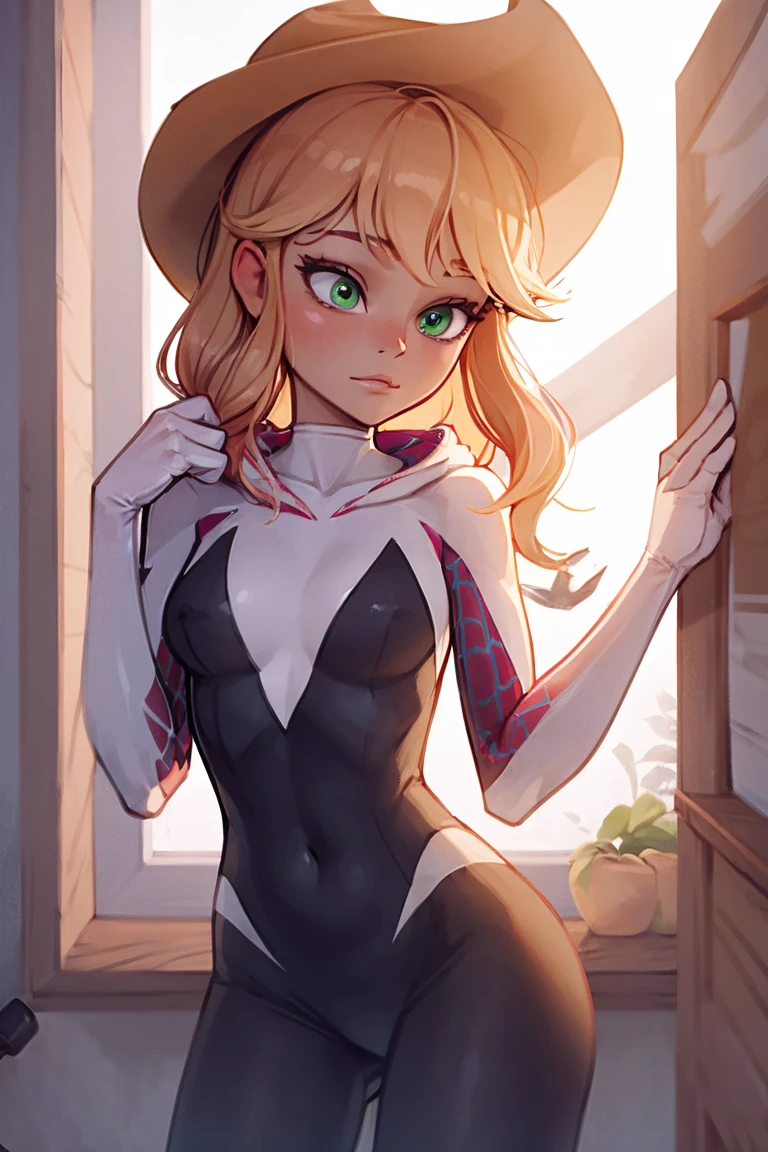 Applejack wearing Fantasia de Spidergwen, Fantasia de Spidergwen, mlpapplejack, cabelo longo preso baixo, chapéu de caubói, Fantasia de Spidergwen, olhos verdes, body com capuz