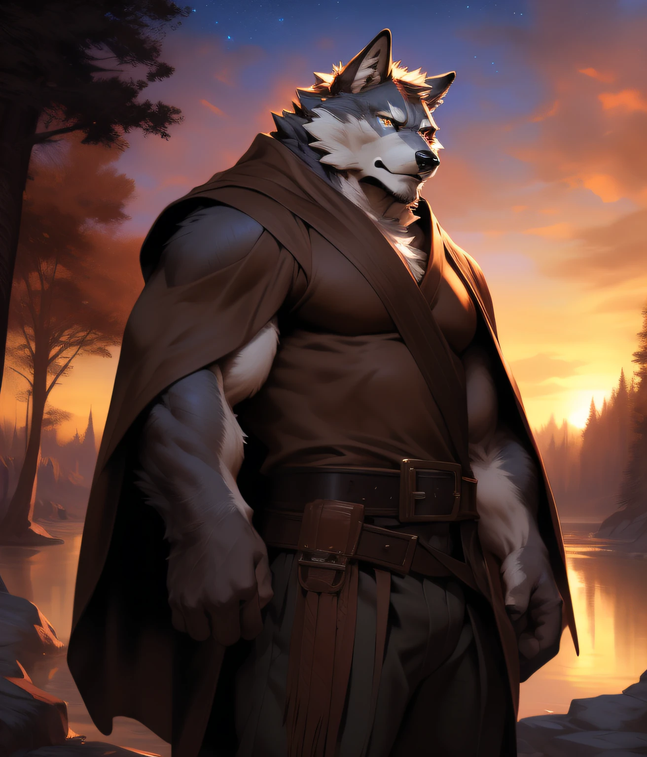 sunset. lobo, in partial shadows, brown cape. brown dress, 4k, High resolution, The best quality, perfect colors, perfect shadows, Perfect lighting, Published on E621, hairy body, lobo, gray fur, gray skin, only, masculine, adult, masculine, (strong:1.2), anatomy correct, (photorealistic skin, detailed skin, epic, Masterpiece:1.2), (Dark Fantasy World Background, trees, black sky, sunset, stars visible in the sky), (por Taran Fiddler, by chunie, by traver009, by wfa:1.1), (brown fabric pants, belt with bronze buckle.:1.2), (detailed eyes, gold eyes:1.2), (Half body:1.1), serious face, postura strong, proud, soft shadows, looking at the viewer, messy fur, love, outfit, slightly open tunic.