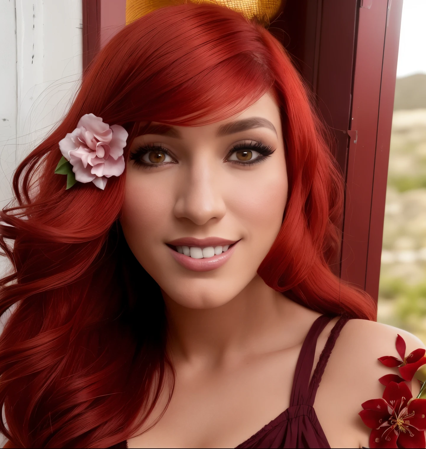 A close up of a woman with red hair and a flower in her hair - SeaArt AI