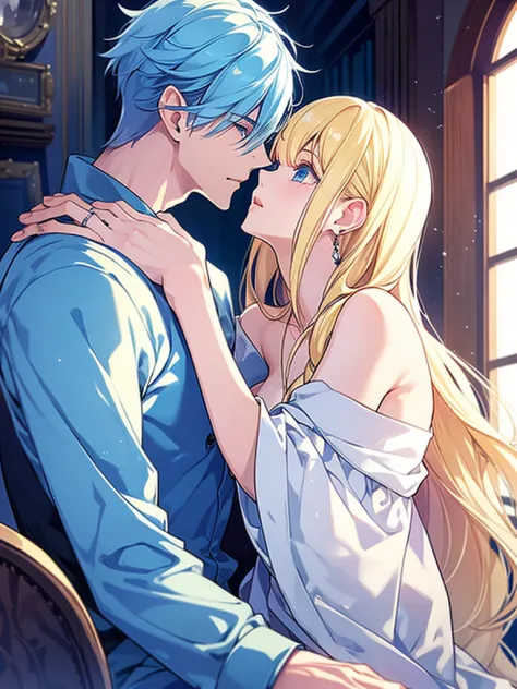 A tall blue hair blue eyes boy french kissing a blonde hair blue eye girl