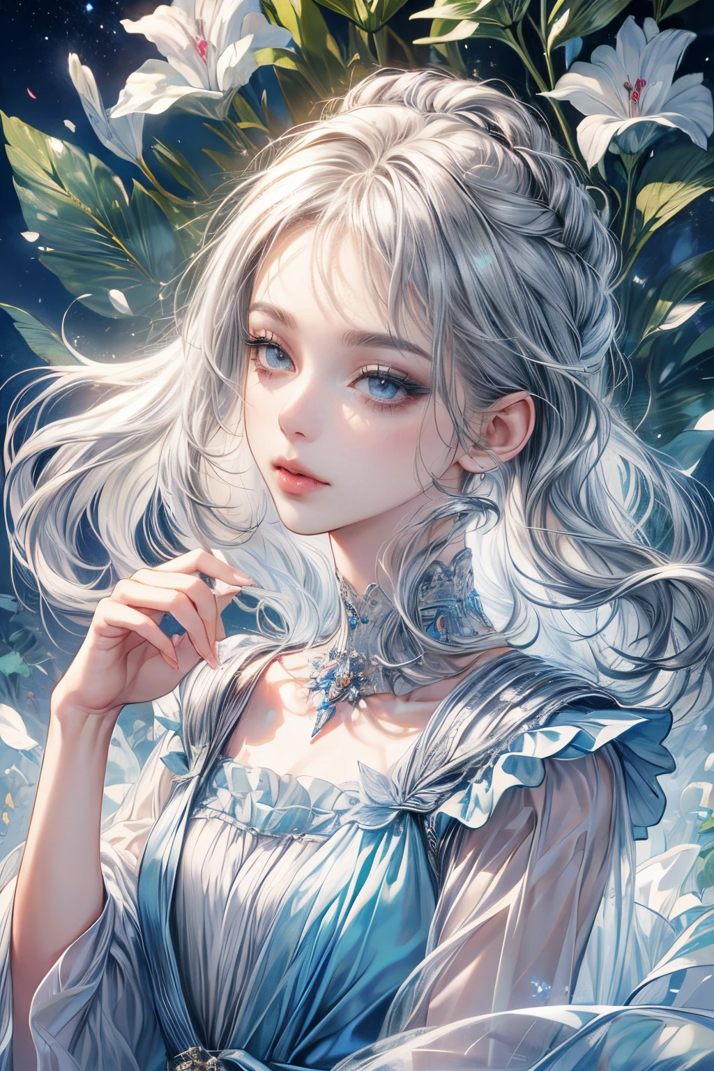 (best quality:1.4), (masterpiece:1.4), ultra-high resolution, 8K, CG, exquisite, upper body, , thumb girl, little princess, blue taffeta court dress, forest background, detailed facial features, silver gray hair, almond eyes, detailed eye makeup, long eyelashes, gray eyes with starry gaze, intricate lip details, soft and harmonious style