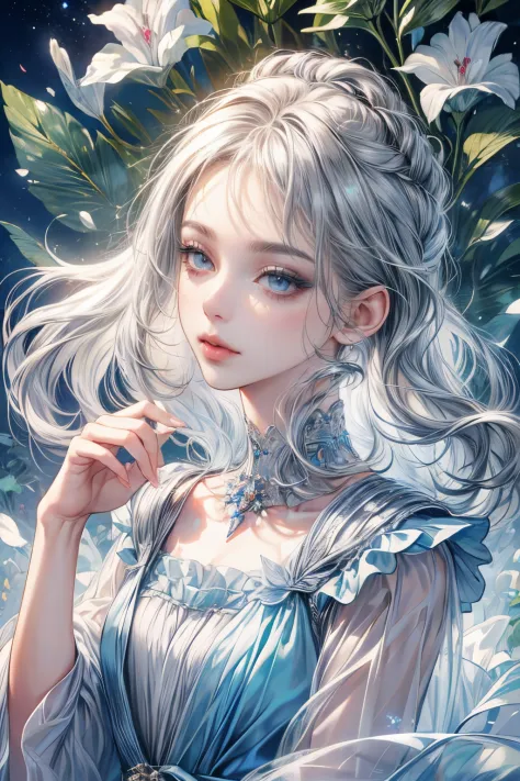 (best quality:1.4), (masterpiece:1.4), ultra-high resolution, 8K, CG, exquisite, upper body, lonely, thumb girl, little princess, blue taffeta court dress, forest background, detailed facial features, silver gray hair, almond eyes, detailed eye makeup, lon...