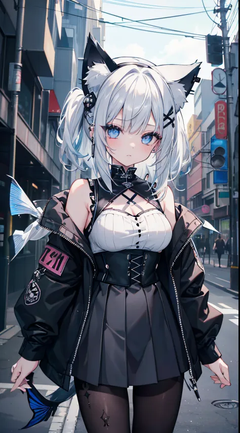 (8K、Top image quality、top-quality、​masterpiece) 、Gothic Punk、1 girl in、White-haired twin-tailed、Blue eyes、piercings、Cat Ear Headgear、Moderately breasts、White camisole、Black jacket、Black Mini Pleated Skirt、((fish net pantyhose))、POV、cowboy  shot、Neon Street...