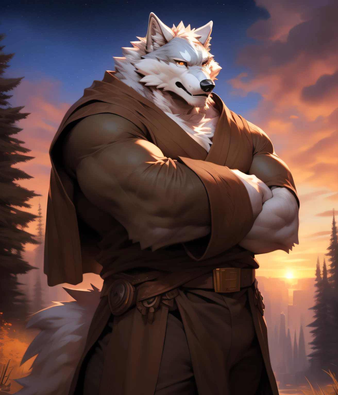 puesta del sol. albino, lobo, en sombras parciales, brown coat. brown dress, 4k, High resolution, La mejor calidad, colores perfectos, Sombras perfectas, Perfect lighting, Publicado en E621, cuerpo peludo, lobo albino, piel albina, piel albina, Only, masculino, , Masculino, (fuerte, macho musculoso:1.2), anatomy correct, (Piel fotorrealista, Piel detallada, epopeya, Obra maestra:1.2), (Dark Fantasy World Background, trees, cielo negro, puesta del sol, Estrellas visibles en el cielo), ( por Taran Fiddler, por chunie, por Traver009, por WFA:1.1), (pantalon de tela marron, belt with brass buckle:1.2), (ojos detallados, Ojos dorados:1.2), (medio cuerpo:1.1), Cara seria, eyes full of wisdom, apariencia amable, postura fuerte, orgulloso, Sombras suaves, Mirando al espectador, (brazos a los lados piel, rudo, ropa, slightly open tunic. tunic. vestimenta.