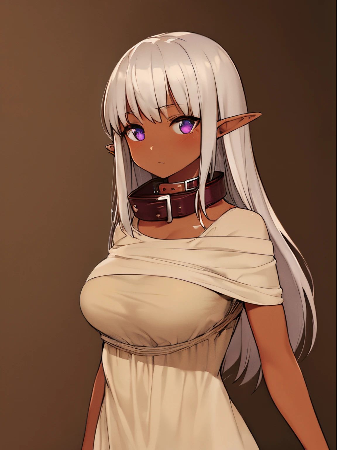 (short young small girl:1.2), (tanned elf girl), (best quality), (highres:1.1), (purple eyes), (long silver hair), (large breasts:1.2), (collar:1.2), (beige rags slave:1.2), (sepia background:1.2)