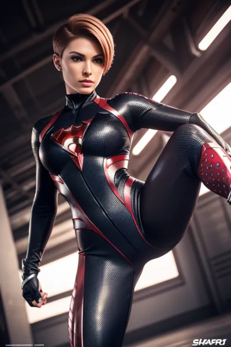 4k highly detailed realistic female superhero dressed in cropped carbon fiber, strawberryblonde short undercut bob hairstyle, ((...