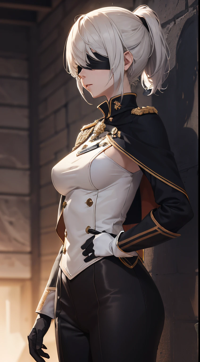 (extremely detailed CG unity 8k wallpaper), (masterpiece), (best quality), (ultra-detailed), (best illustration), (best shadow), (absurdres), 2, 1girl, short hair, short ponytail, normal size , white hair, blindfold solo, Intimidating women, admiral uniform, night, hero pose, white clothes, General Uniform, Military Uniform, Sunlight, exposed to sunlight,commander, cape, fighting, ((beautiful fantasy girl)), (Master Part: 1.2), Best Quality, High Resolution, photorealestic, photogenic, Unity 8k Wallpaper, perfect lighting, (perfect arms, perfect anatomy) beatiful face, intricate details, lifelike details, the anime, The Perfect Girl, perfect details, ultra HD |, 8k, Professional photo