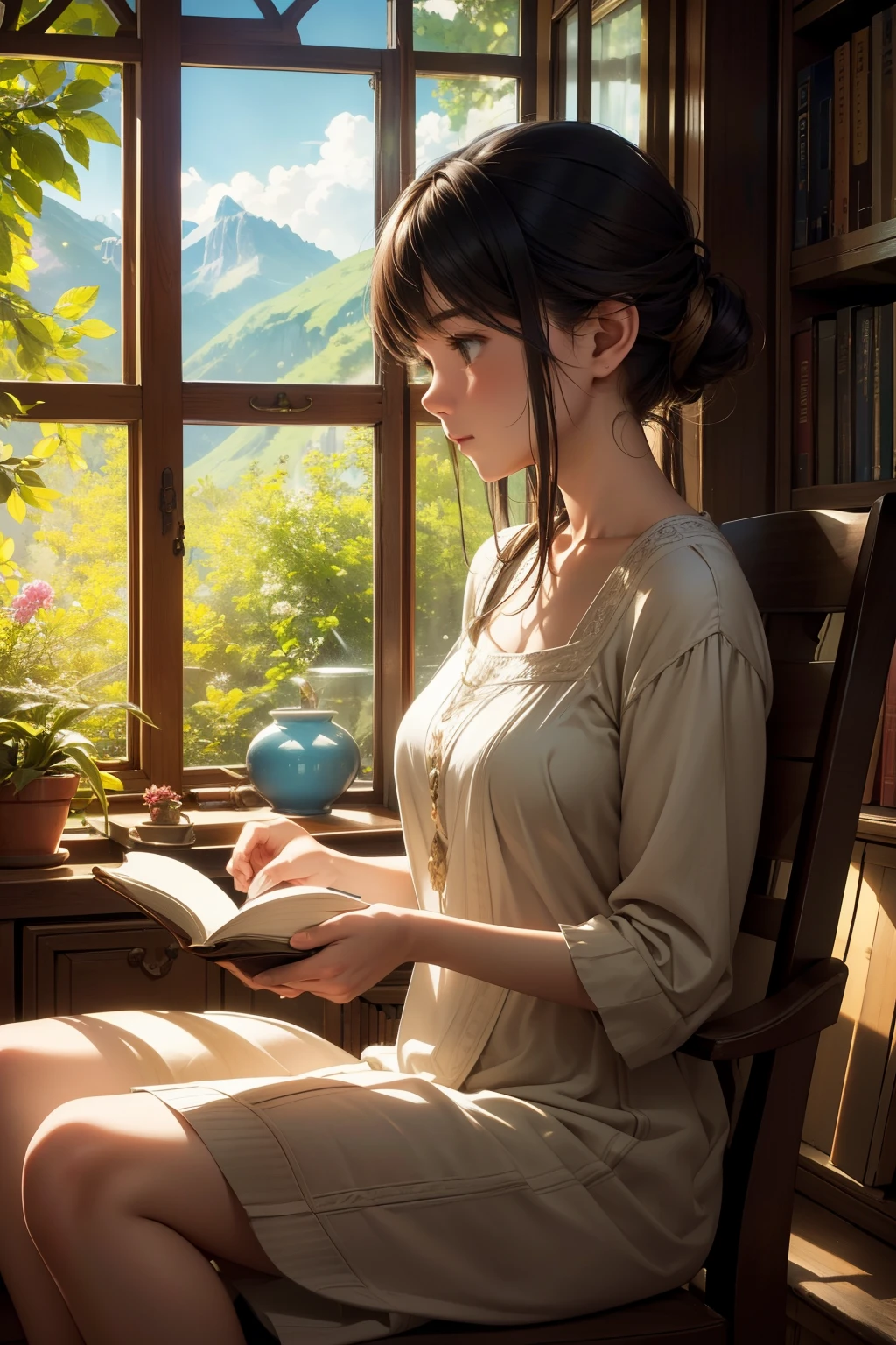 A woman sitting in a chair reading a book in front of a window - SeaArt AI 