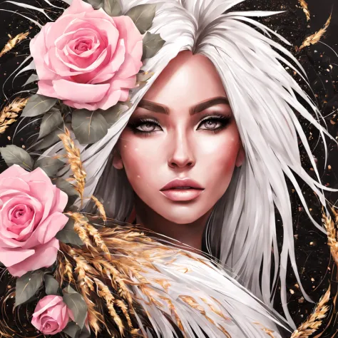 beautiful girl, long hair, pink roses, pampas grass, abstract, floral, fantasy, beautiful, african style, realistic, black, whit...