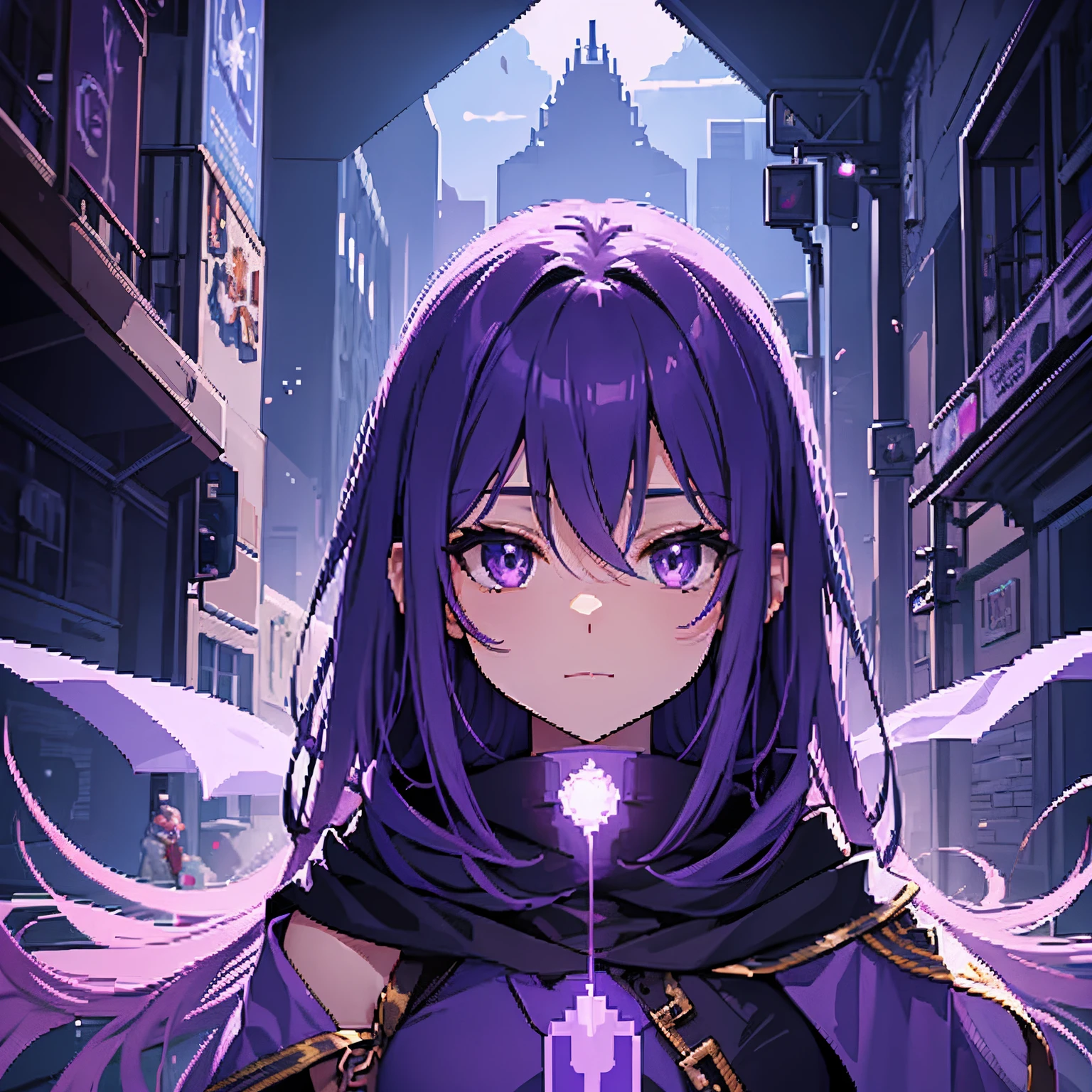 Anime girl with purple hair and purple cape holding a purple crystal -  SeaArt AI