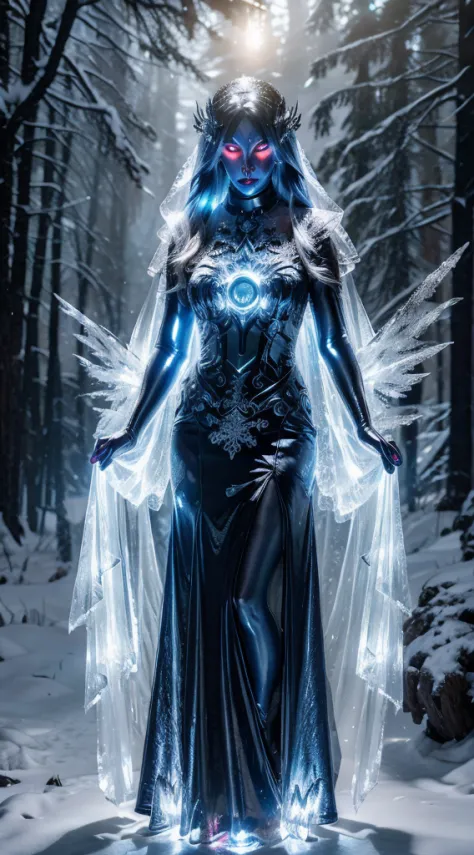 Female, fantasy banshee,  glowing eyes, snow, blizzard, ice,