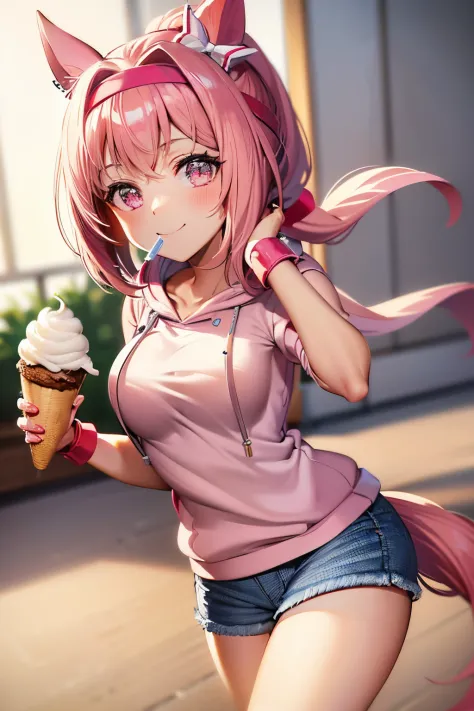 masuter piece, Best Quality, 超A high resolution, top-quality, Anime style, The best lighting, Beautiful face, Pink hair, Energetic girl, Looking at Viewer, Portrait, pink horse tail, Smiling cheerfully, (Background of Shibuya:1.2), running happily, The bes...