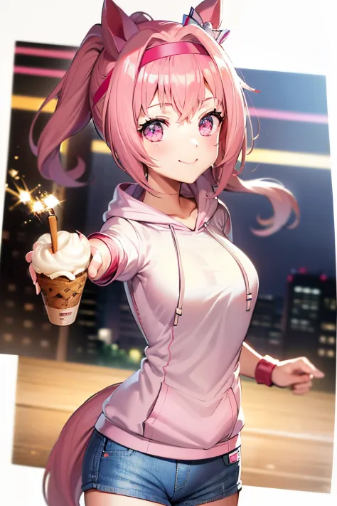 masuter piece, Best Quality, 超A high resolution, top-quality, Anime style, The best lighting, Beautiful face, Pink hair, Energetic girl, Looking at Viewer, Portrait, pink horse tail, Smiling cheerfully, (Background of Shibuya:1.2), The best lighting, The b...