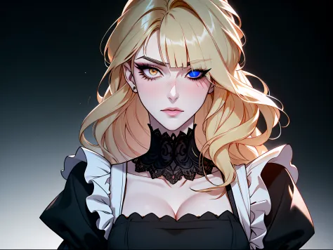 Shoujo style, Aesthetic background, Romance Manhwa, 1girl, blonde woman, hairlong, ((bangs cover one eye)), choleric, eyes with blue color, irritable, grimalkin, bags under eyes, Russian, grimalkin, housemaid, Black dress with white trim, with a full skirt...