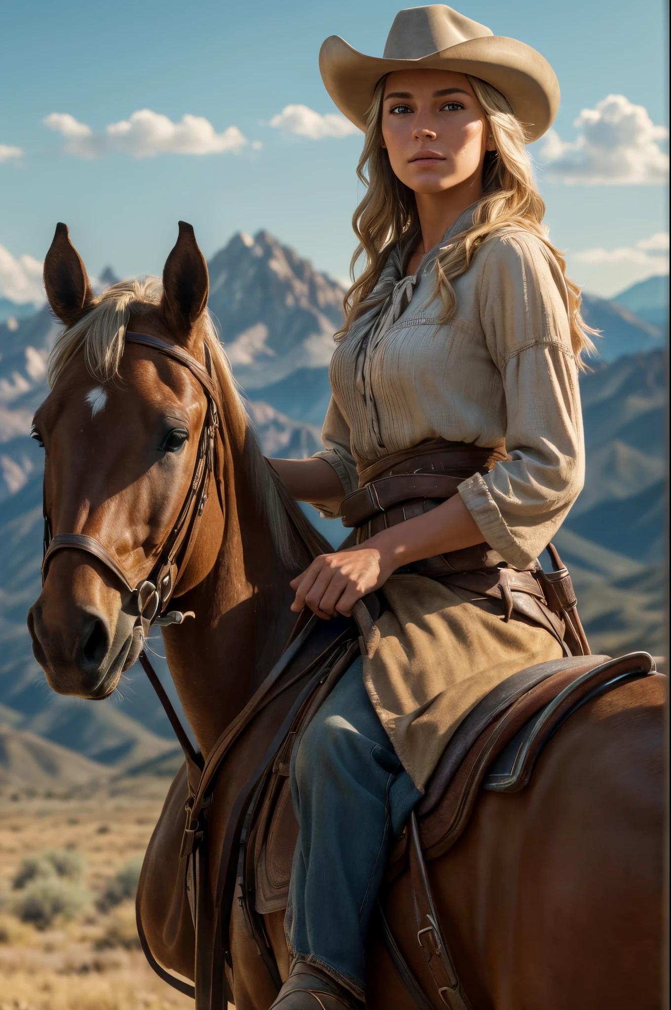 Nahaufnahme, eine Westernszene, Eine alleinstehende schöne blonde Frau reitet auf einem Pferd über die Sawtooth Mountains in Idaho, während die Sonne in einem mitternachtsblauen Himmel untergeht; 4k extremely fotorealistisch, uhd 4k highly ausführlich, ((ätherische Beleuchtung, ultrahohe Auflösung.fotorealistisch:.1.4, (high ausführlich skin:1.2), 8k uhd, dslr, gute Qualität, Filmkorn, Fujifilm XT3,(Meisterwerk) (beste Qualität) (ausführlich) (Filmische Beleuchtung) (scharfer Fokus) (kompliziert)