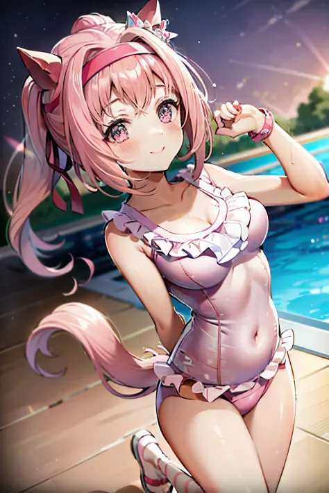masuter piece, Best Quality, 超A high resolution, top-quality, Anime style, The best lighting, Beautiful face, Pink hair, Energetic girl, Looking at Viewer, Portrait, pink horse tail, Smiling cheerfully, (background a pool:1.2), The best lighting, The best ...