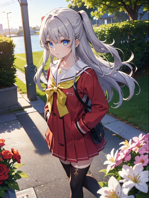 8k picture,best qualtiy，hight resolution、Tomori、a park、Standing、During the walk、the Extremely Detailed CG Unity 8K Wallpapers、Nao Tomori、Anime girl with silver hair and purple eyes、Silver hair，clear eyes of dark purple color、((beautifly、A detailed eye、Colo...
