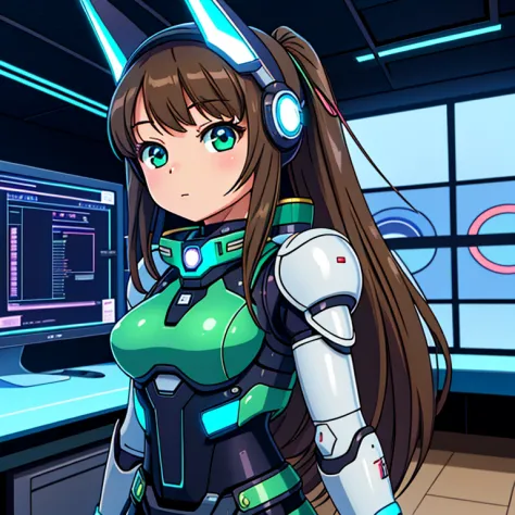 a cute 15 years old japaneese girl, drawn in anime style, futuristic, y2k aesthetic, sci-fi, jade green eyes, long brown hair, r...