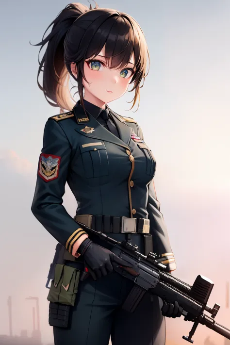 1girl, folded_ponytail, gloves, gun, military, military_uniform, rifle, sky, solo, upper_body, weapon
looking at viewer, masterpiece, best quality,