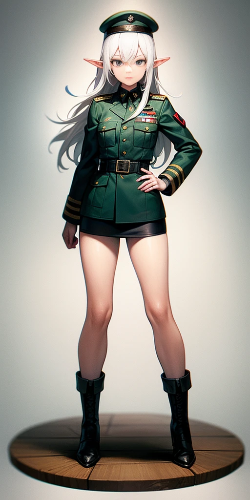 full body standing woman, white background, white hair, long messy hair, black elf skin, militar uniform (nazi uniform), looking to the viewer, short skirt