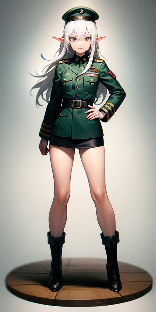 full body standing woman, white background, white hair, long messy hair, black elf skin, militar uniform (nazi uniform), looking...
